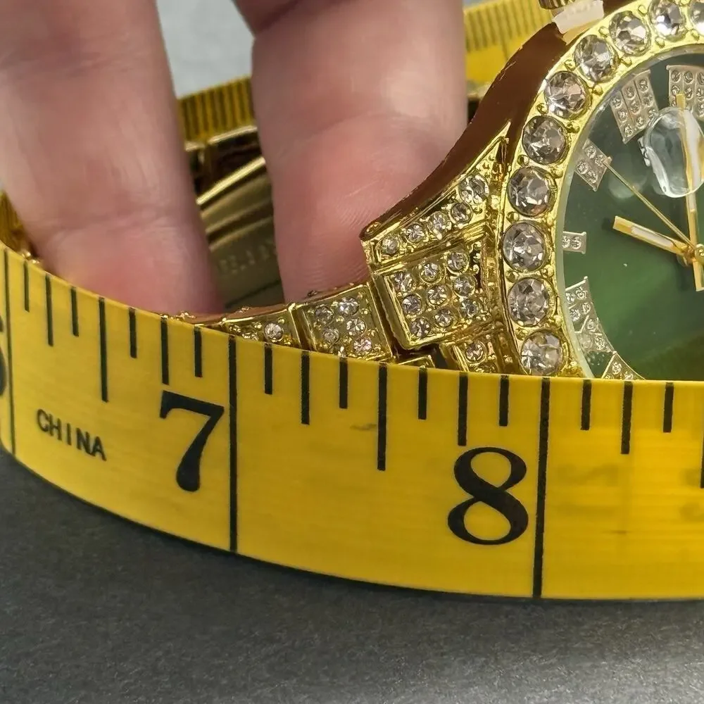 Gold Tone Iced Out Watch Green Dial Roman Numerals Crystal Date Bling Mens NEW